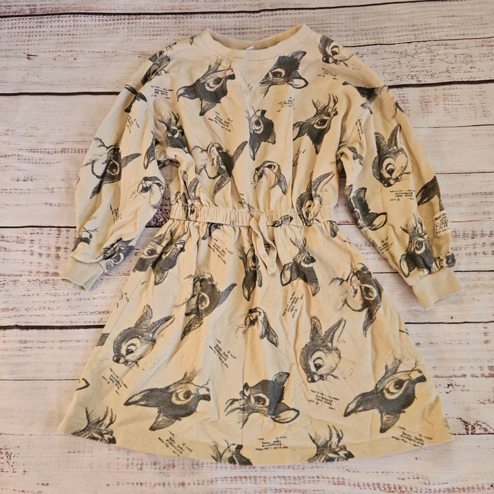 Zara Disney Bambi Cinched Waist Long Sleeve Neutral Dress Girls 7